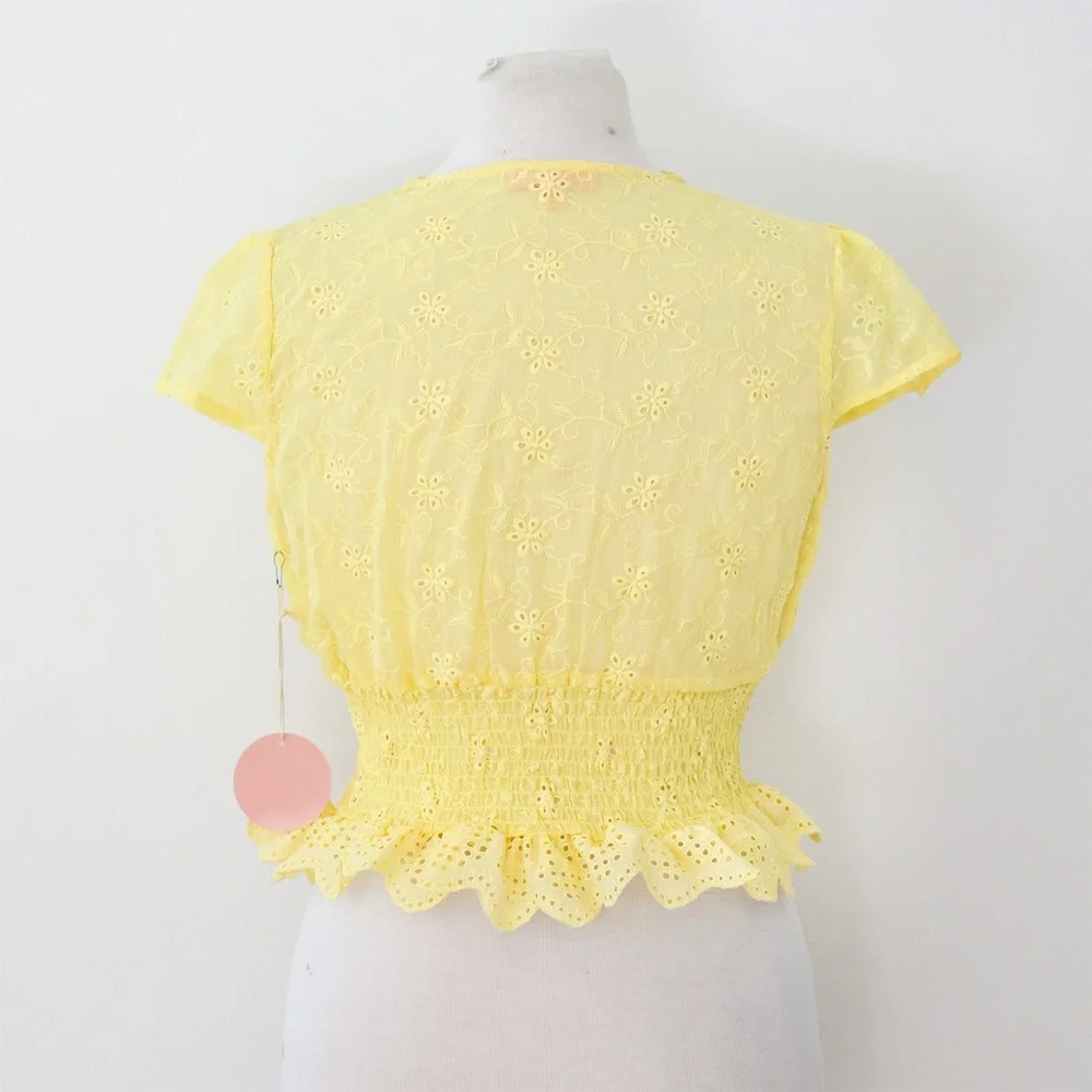 NWT Rose and Grey Yellow Eyelet Floral Lace Top Smocked Waist Sheer Size Medium - Picture 2 of 7